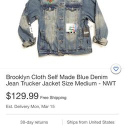 Brooklyn Cloth Self Made Blue Denim Jean Trucker Jacket Size Medium - NWT