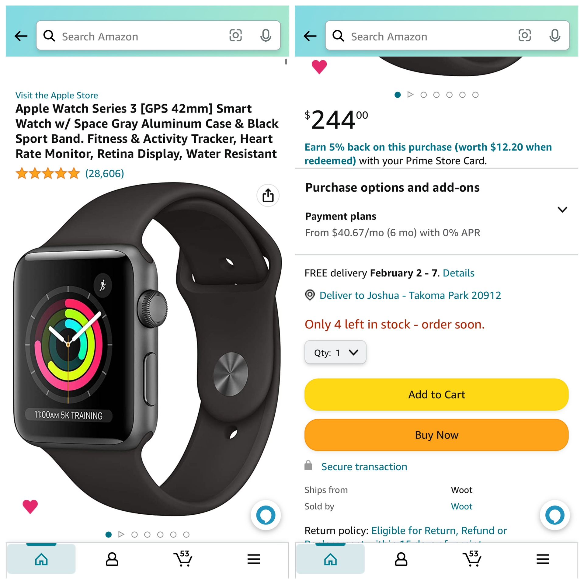 Apple Watch Series 3 [GPS 42mm] Smart Watch w/ Space Gray Aluminum Case & White Sport Band. Fitness & Activity Tracker, Heart Rate Monitor, Retina Dis