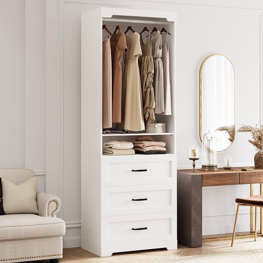 Freestanding Closet System with 3 Wood Drawers, Modern Armoire Wardrobe with Adjustable Shelves & Hanging Rod, Walk-in Closet Systems Organizer, 31.5"