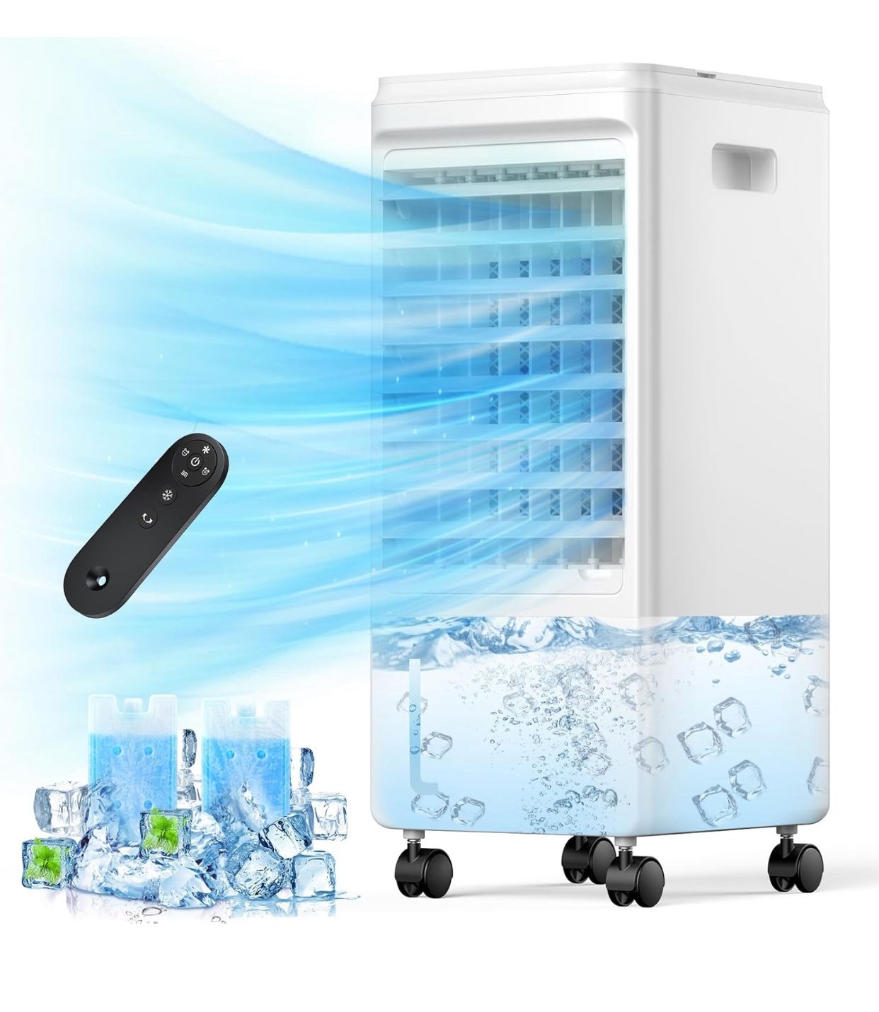 Portable Air Conditioners, 3-IN-1 Evaporative Air Cooler, Swamp Coolers w/ 2 Ice Pack, 1.85 Gal Water Tank, 4 Modes, 80° Oscillation, 7H Timer, Portab