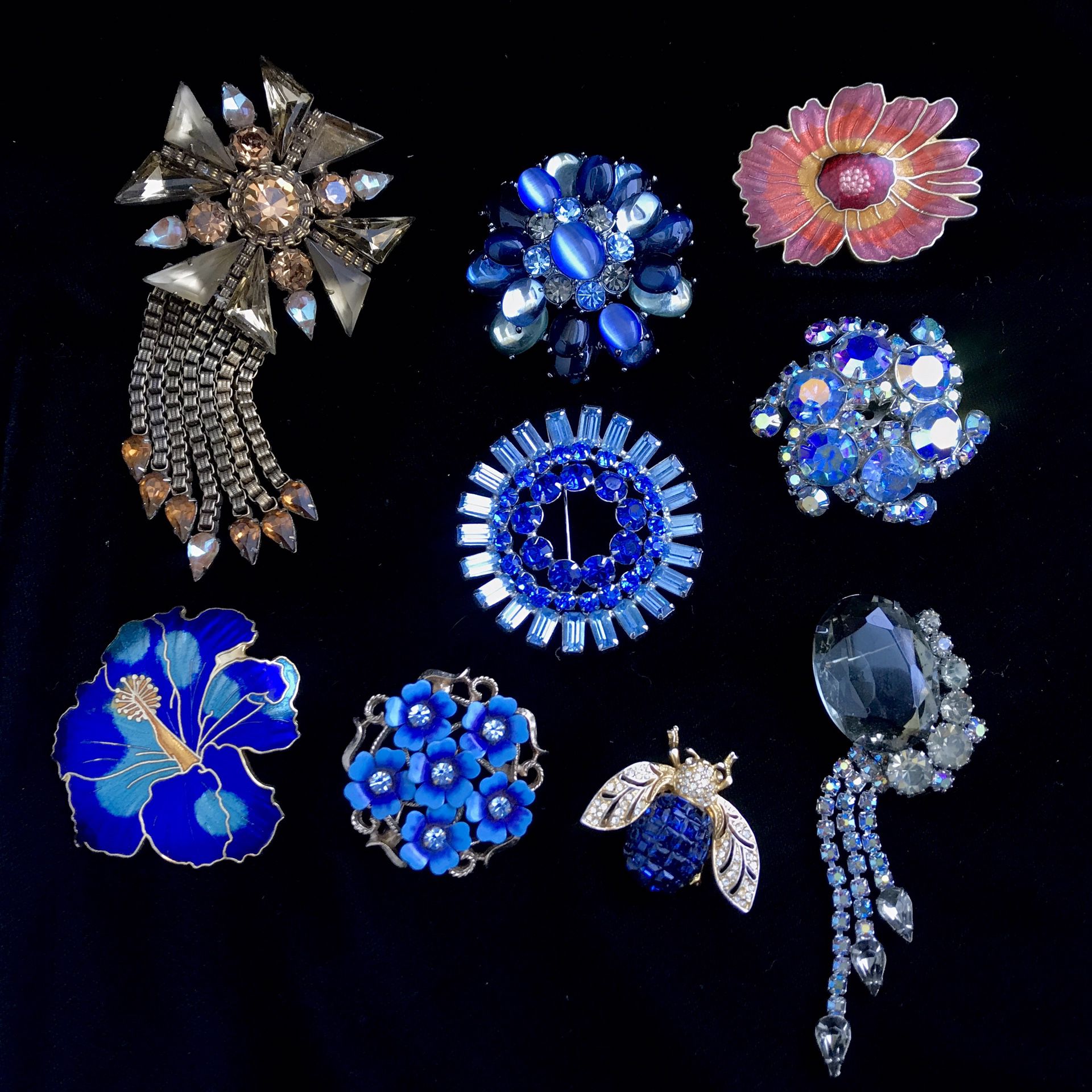 Vintage high quality enamel crystal Brooches Juliana d&e,Johanna Buchanan, w. Germany, Weiss, Avon,