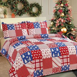 Christmas Bedding Set Queen Size Quilts Reversible Xmas Bedspread Snowflake Quilt Red Bedding Breathable Snowmen Reindeer Santa Claus Coverlet Soft Li
