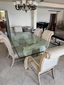 Beautiful Lexington Glass Top Dining Table with 6 Upholstered Chairs