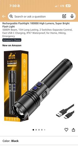 New in box! Rechargeable Flashlight 100000 High Lumens, Super Bright Flash Light 5000ft Beam, 15H Long Lasting, 2 Switches–Separate Control, Fast USB