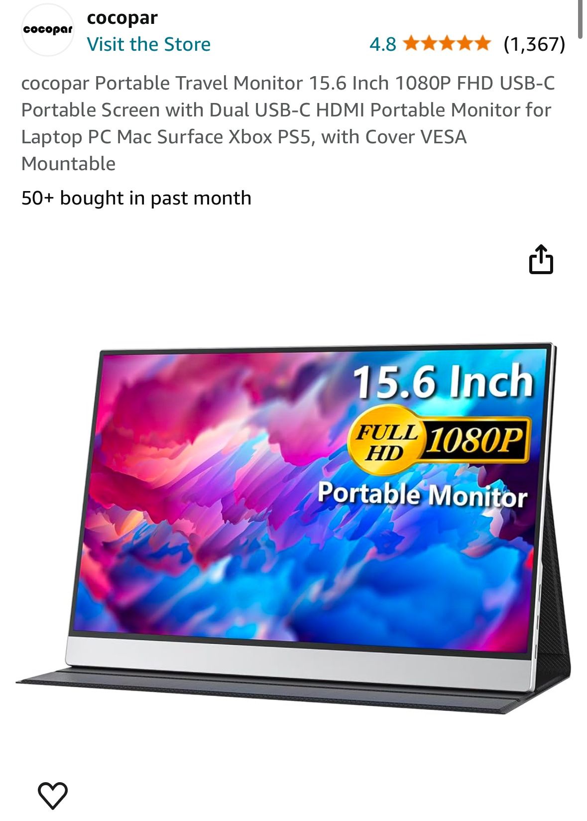 cocopar Portable Travel Monitor 15.6 Inch 1080P FHD USB-C Portable Screen with Dual USB-C HDMI Portable Monitor for Laptop PC Mac Surface Xbox PS5, wi