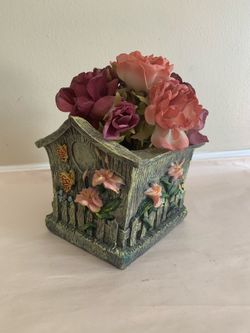 Resin Butterfly Floral Planter Faux Roses Cottage Garden Shabby Chic Vase Decor