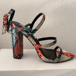 Bold Multi Snake Print Block Heels – Statement Sandals