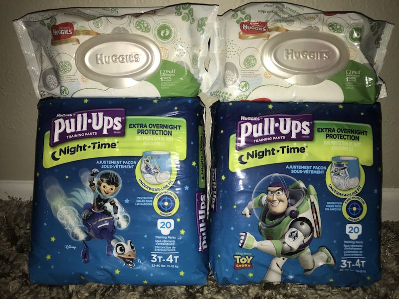 Huggies pull ups night time training pants size 3t-4t with 2 packs of huggies wipes