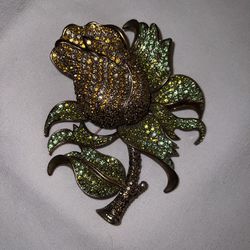New 5” gold & green crystal large 2 pin gorgeous brooch retails >$100 