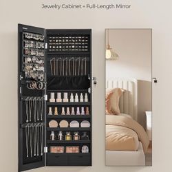Hanging Jewelry Cabinet, Wall-Mounted Cabinet with LED Interior Lights, Door-Mounted Jewelry Organizer, Full-Length Mirror, Gift Idea, Ink Black