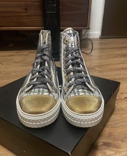 Size 9.5 Women’s - Chanel Metallic Gold Tweed High Top Sneakers
