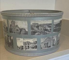 Vintage Shade With Old Postcards Of Long Beach Laminated. 10" x 15", Excellent Condition.
