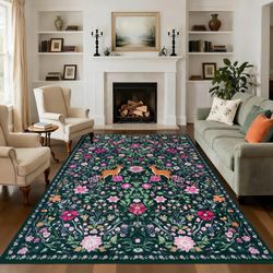 5x7 Washable Soft Nonslip Low Pile Boho Area Rug, Dark Floral Multi, NEW
