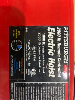 Pittsburgh 2000 lb Remote Controlled Electric Hoist