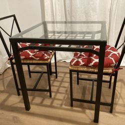 IKEA Granas Glass Metal Dining Table With 2 Chairs and Red Cushions