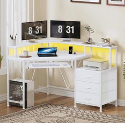 47" Corner Desk with Drawers, Power Outlets & Printer Shelf ,Small Computer Desk with Monitor Stand, Triangle Gaming Desk with LED Lights and Keyboard