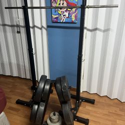 Squat Bar W/ Weights And Rolling Plate Tree