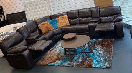 Memorial Day sale. Madrid Brown, leather reclining sectional only $1399. Easy finance option. Same-day delivery.