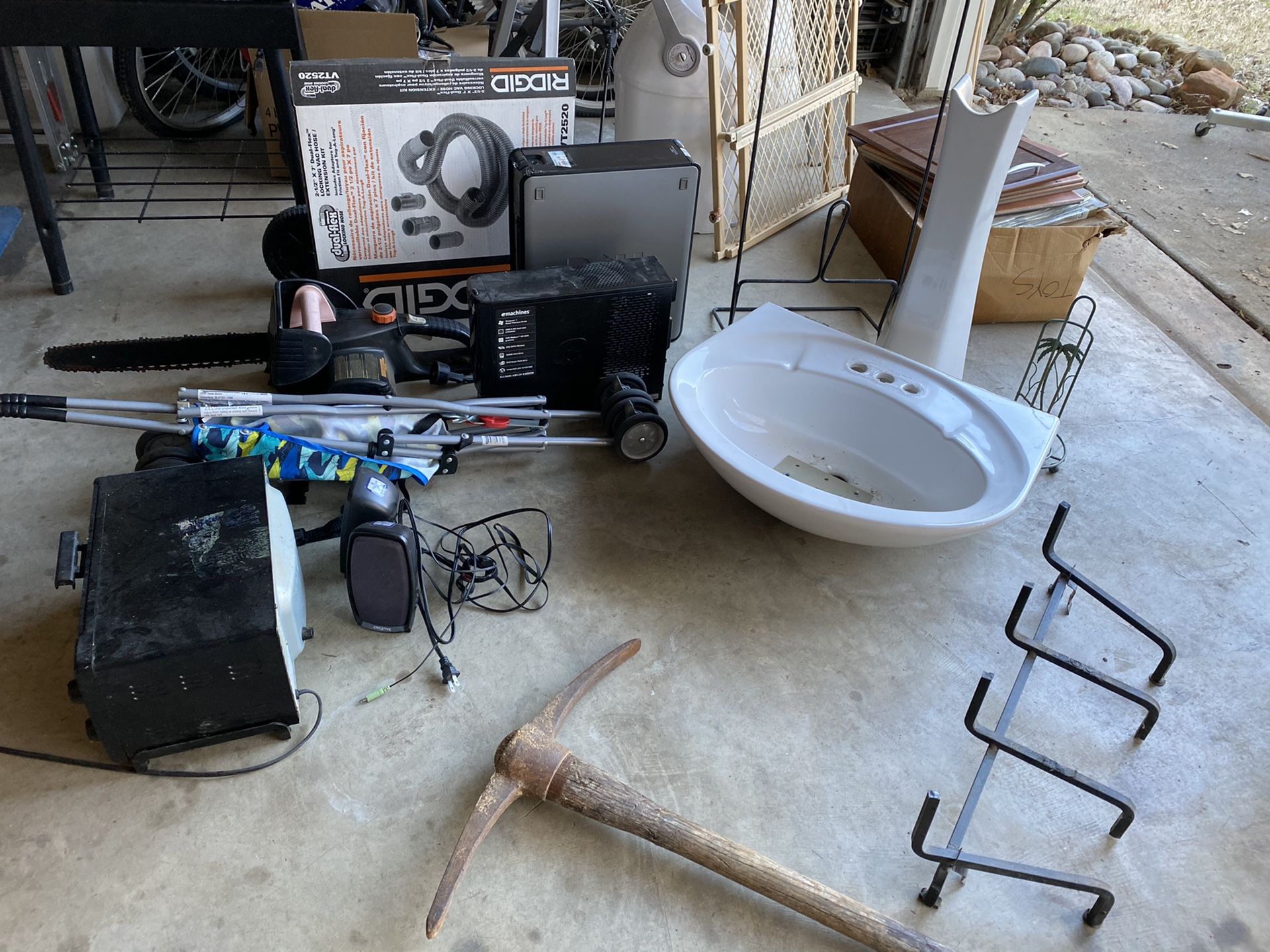 Tiles, sink, stroller, oven, speakers, cpu, locking hose, diaper disposal, toy organizer, lawn mower.