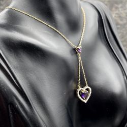 💜 10K Gold Amethyst & Diamond Lariet Drop Necklace