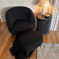 Black Faux Sherpa Accent Chair With Stool