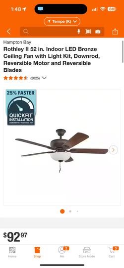 Hampton Bay Rothley || 52 in. Indoor LED Bronze Ceiling Fan with Light Kit, Downrod, Reversible New $75