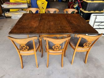 Mid-Century Modern Provincial Walnut Drop Leaf Dining Table w/ 6 Chairs