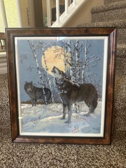 Framed Wolf Cross Stitch Needlepoint Art