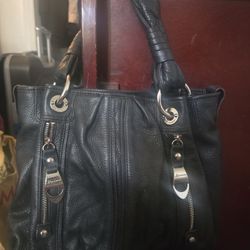 B Makowsky Black Soft Leather Hobo Shoulder Bag Purse Leopard Print Interior