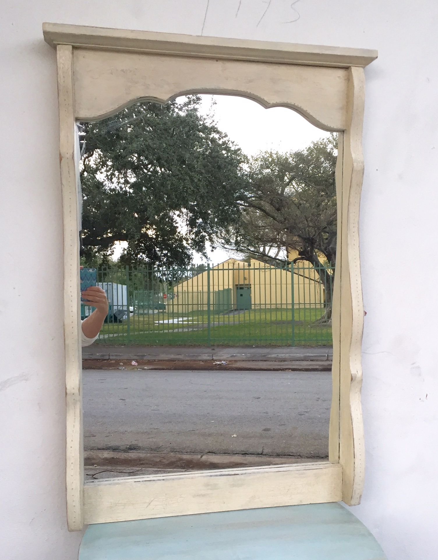 Antique mirror with distressed off white finish for sale