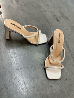 Madeline White Pearl Strap Block Heel Mules