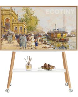 New -Rolling Easel TV Stand for 49-75" TVs, 88 lbs, White Wood-and-metal mobile TV cart, locking 360° wheels, media shelf and cable management for hom