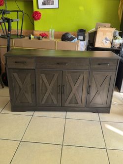 Homfa Buffet Cabinet with 3 Drawers and 4 Doors, 55.1" Wide Kitchen Sideboard with Adjustable Shelves, Farmhouse Style Coffee Bar Cabinet for Dining R