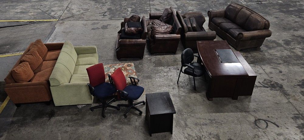 Leather Couch, Fabric Couch, Desk And Desk Chairs
