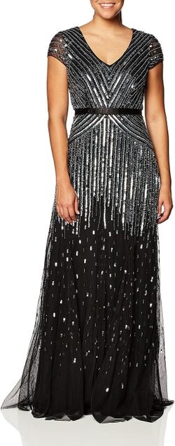 NWT Adrianna Papell Black and Silver Sequin Gown, Cap Sleeves