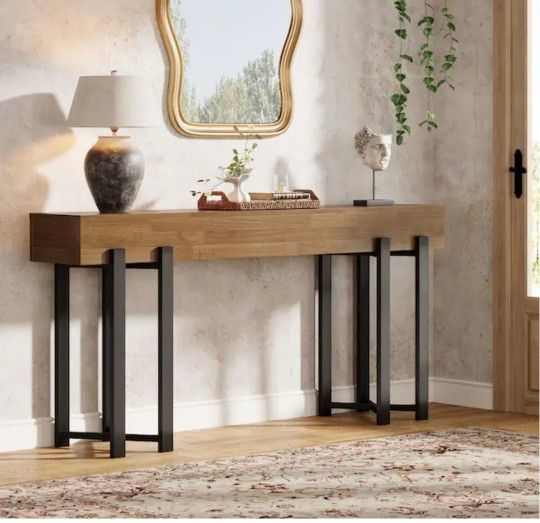 62.9 in. Deep Brown and Black Rectangle Engineered Wood Console Table with Metal Legs