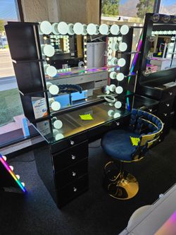 Brand New Vanity 9 Drawers Black Acrylic With Hollywood Mirror Bluetooth Speaker & 2 Shelves $879