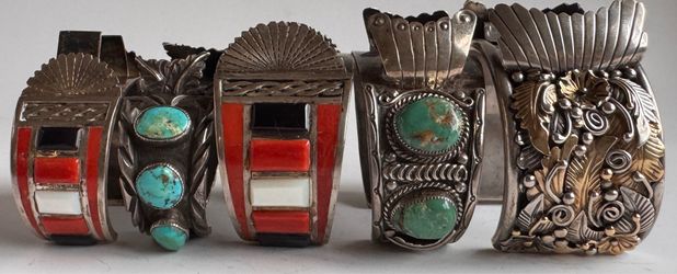 Native American, Navajo & Zuni Gold, Sterling Silver Silver & Gemstones Singed Cuff Bracelets Vintage