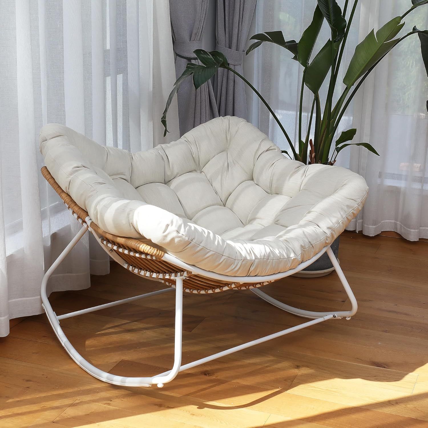Beige Indoor / Outdoor White  Metal Rattan Rocking Chair / Papasan / Lounger [NEW IN BOX] **Retails for $250
