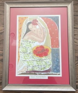 Framed Print "Red Pomegranate" art print features a reclining figure in a stylized, decorative