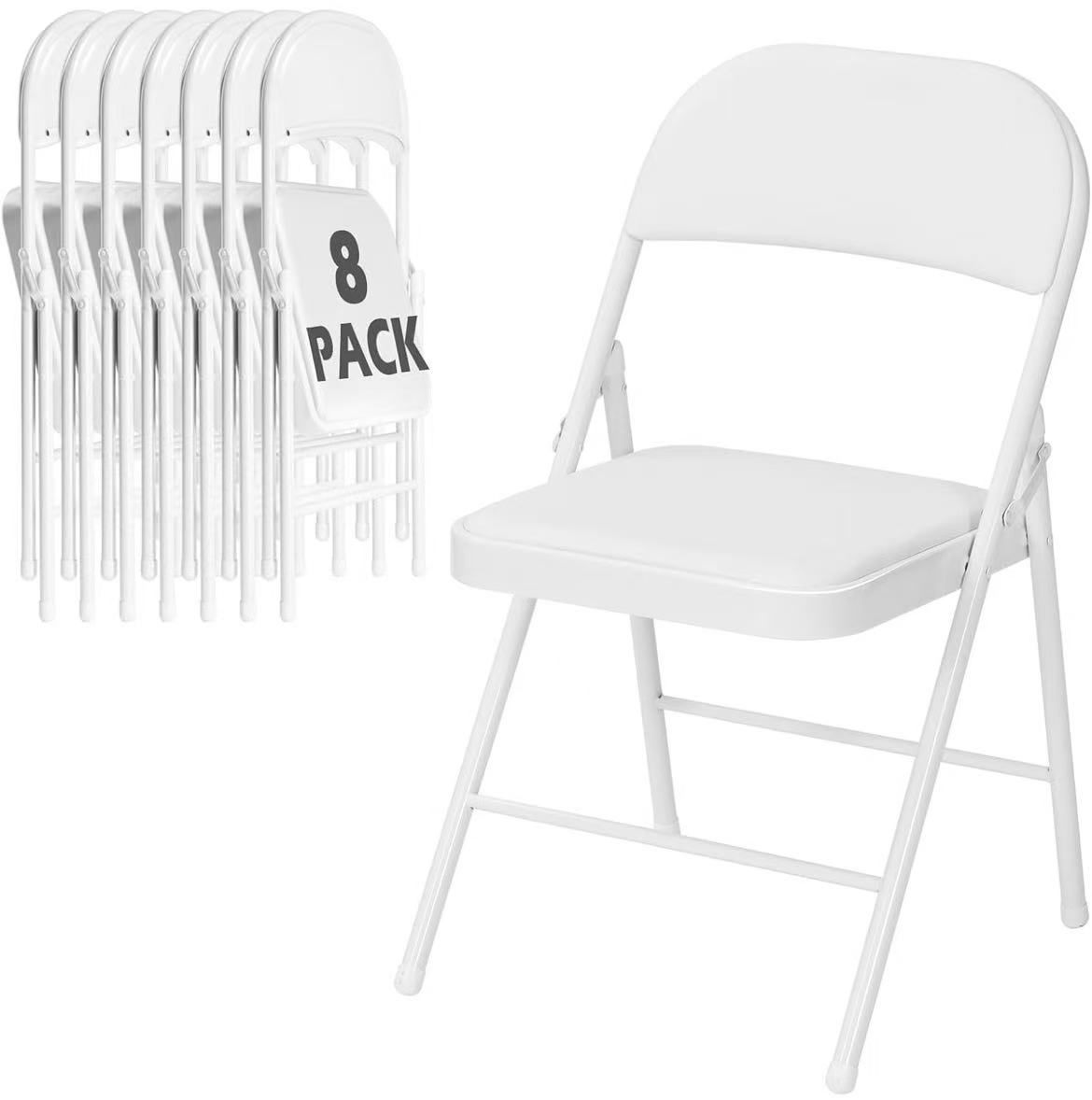 Pack of 8 white folding chairs with padded cushion for outdoor, portable stackable commercial me