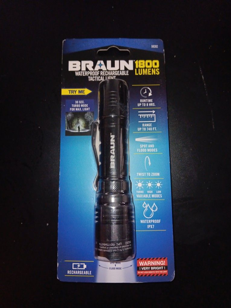 BRAUN 1800 Lumen Rechargeable Waterproof Tactical LED Flashlight