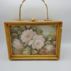 Eunice Shirk Velvet Lined Vintage Roses Wood Box Purse with Metal Handle