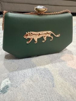 Green Clutch Bag with Gold Panther Detail