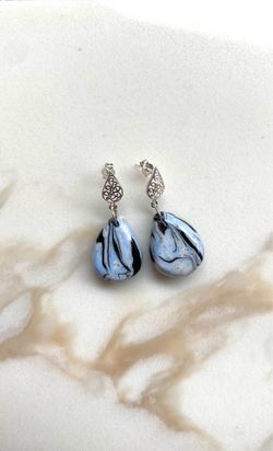 Handmade Blue/ Black Teardrop Earrings, Marble pattern clay 925 silver studs
