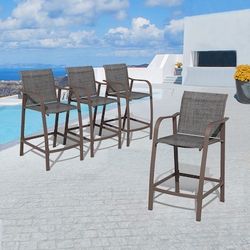 Set of 4, Brown Steel Frame Stationary Bar Stool Chair with Dark gray Mesh Seat