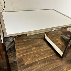 Modern White Glass Console Table with Silver Metal Frame, Rectangular, Glossy