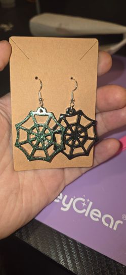 Black and Green Spiderweb Resin Earrings