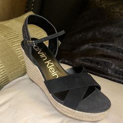 Calvin Klein Elory Black Suede Wedge Sandals (NIB)