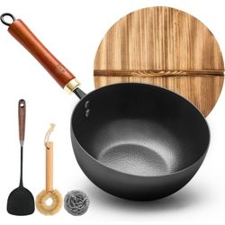 Carbon Steel Wok with Lid, 8.7" Small Mini Wok Pan, Thickened Heavy Duty Flat Bottom for Deep Frying, Camping & Solo Meals, Induction Ready, Seasoning